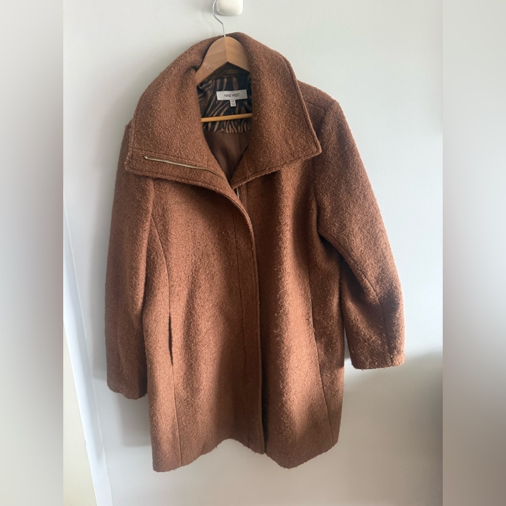 Nine West Bouclé Wool Blend Brown Coat Zip Front Textured Jacket Women’s XXL